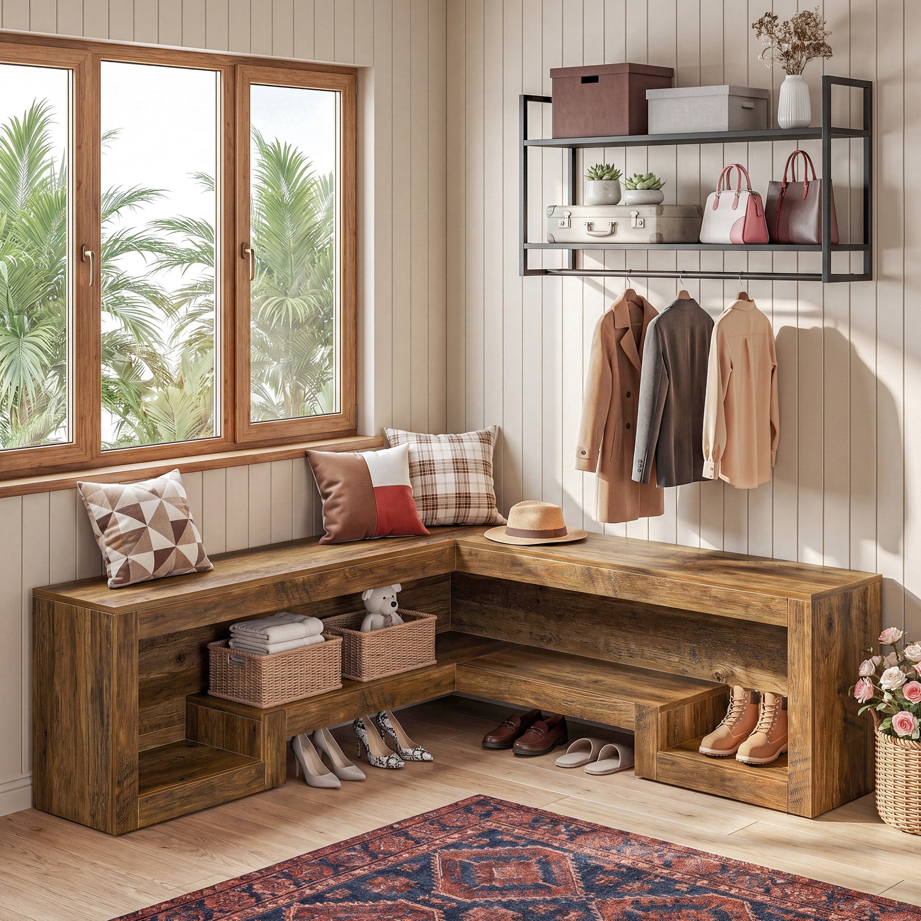 55“ L-Shaped Corner Bench, wooden Breakfast Nook Bench With Storage For Entryway