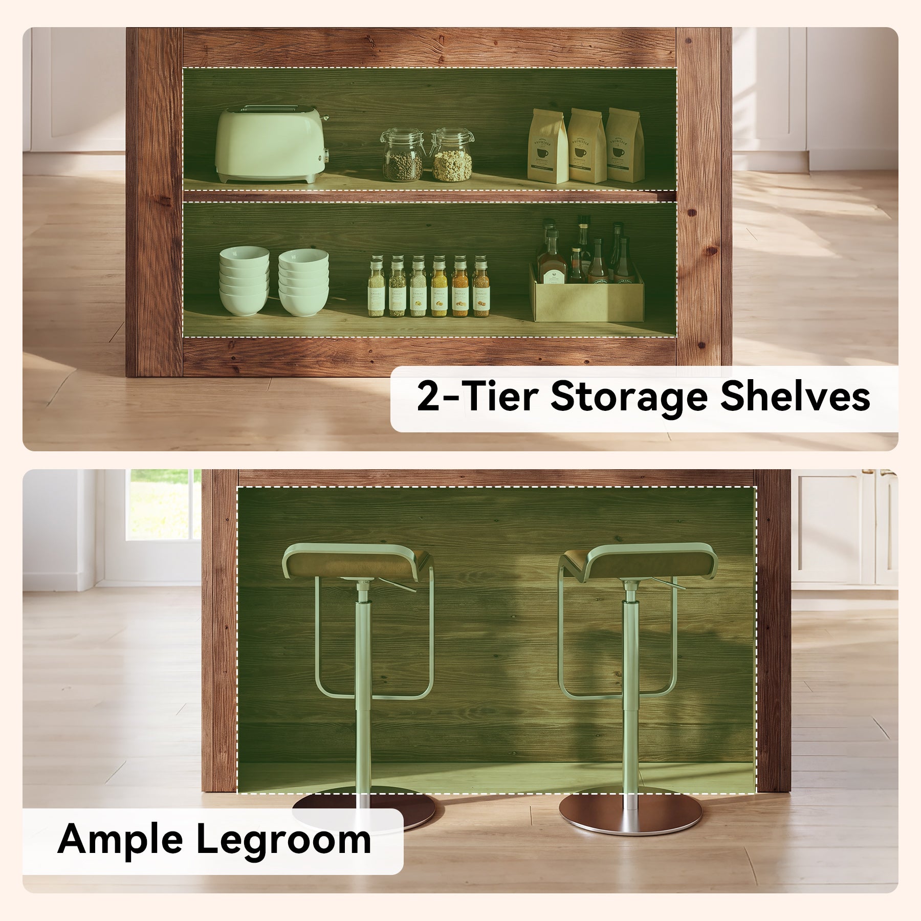 55" Solid Wood Kitchen Island, Farmhouse Stationary Table with 2-Tier Storage for Kitchen