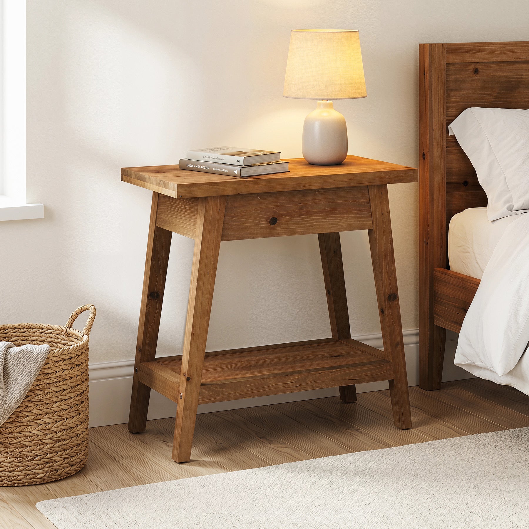 2-Tier Solid Wood End Table, Farmhouse Side Table with Storage for Living Room