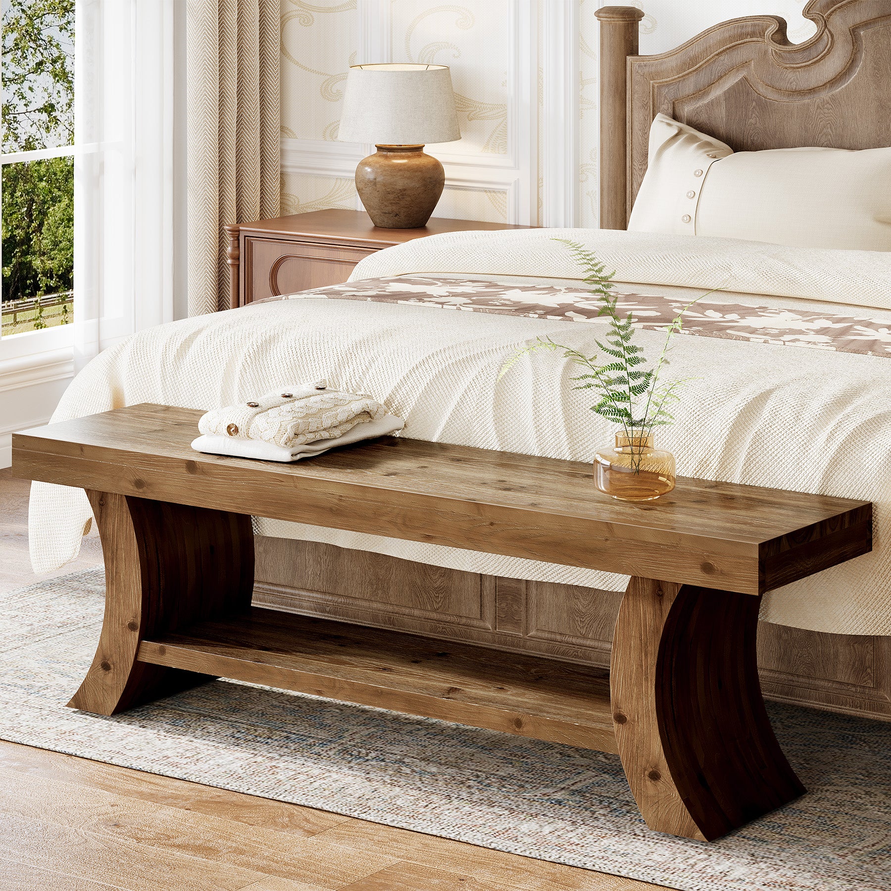 55" Solid Wood Dining Bench with Storage Shelf, Farmhouse Kitchen & Dining Table Bench Seating