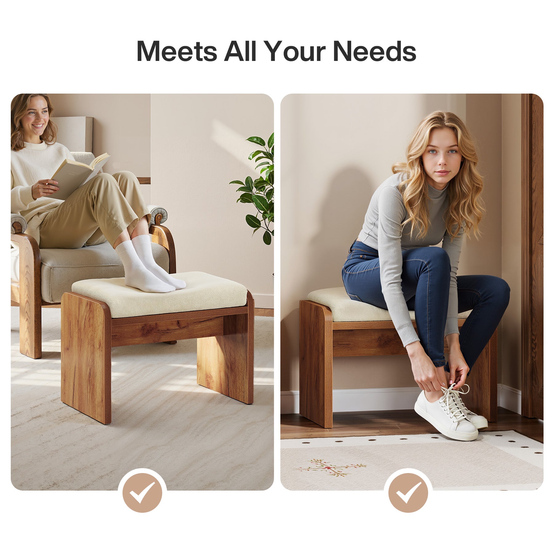 Vanity Stool, Modern Upholstered Ottoman Bench with Removable Cushion