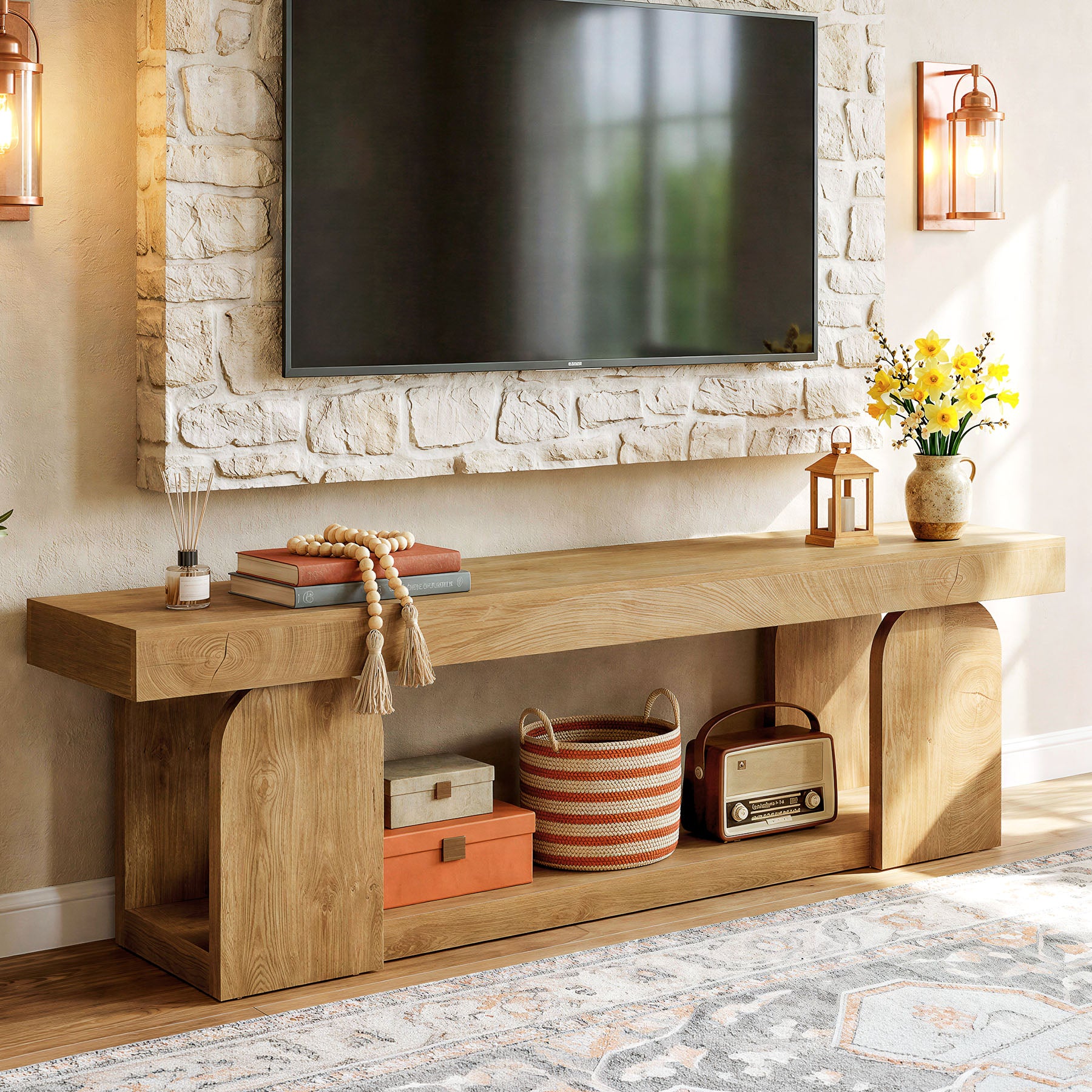 63" Farmhouse TV Stand for TVs up to 75", Wooden Entertainment Center with Open Storage Shelf