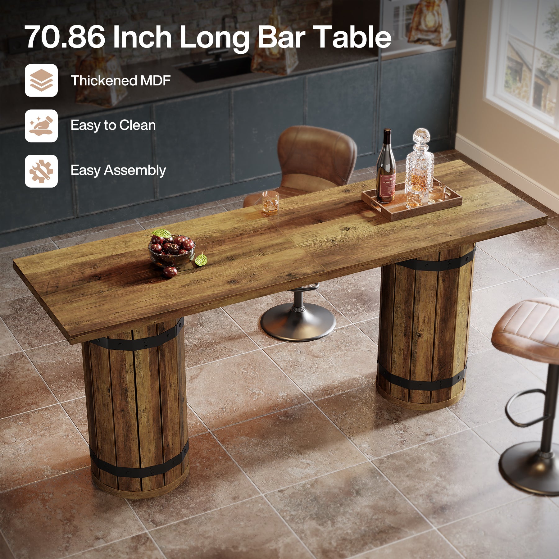70.9" Bar Table, Rectangular Counter Height Pub Table with Fence Pedestal Base