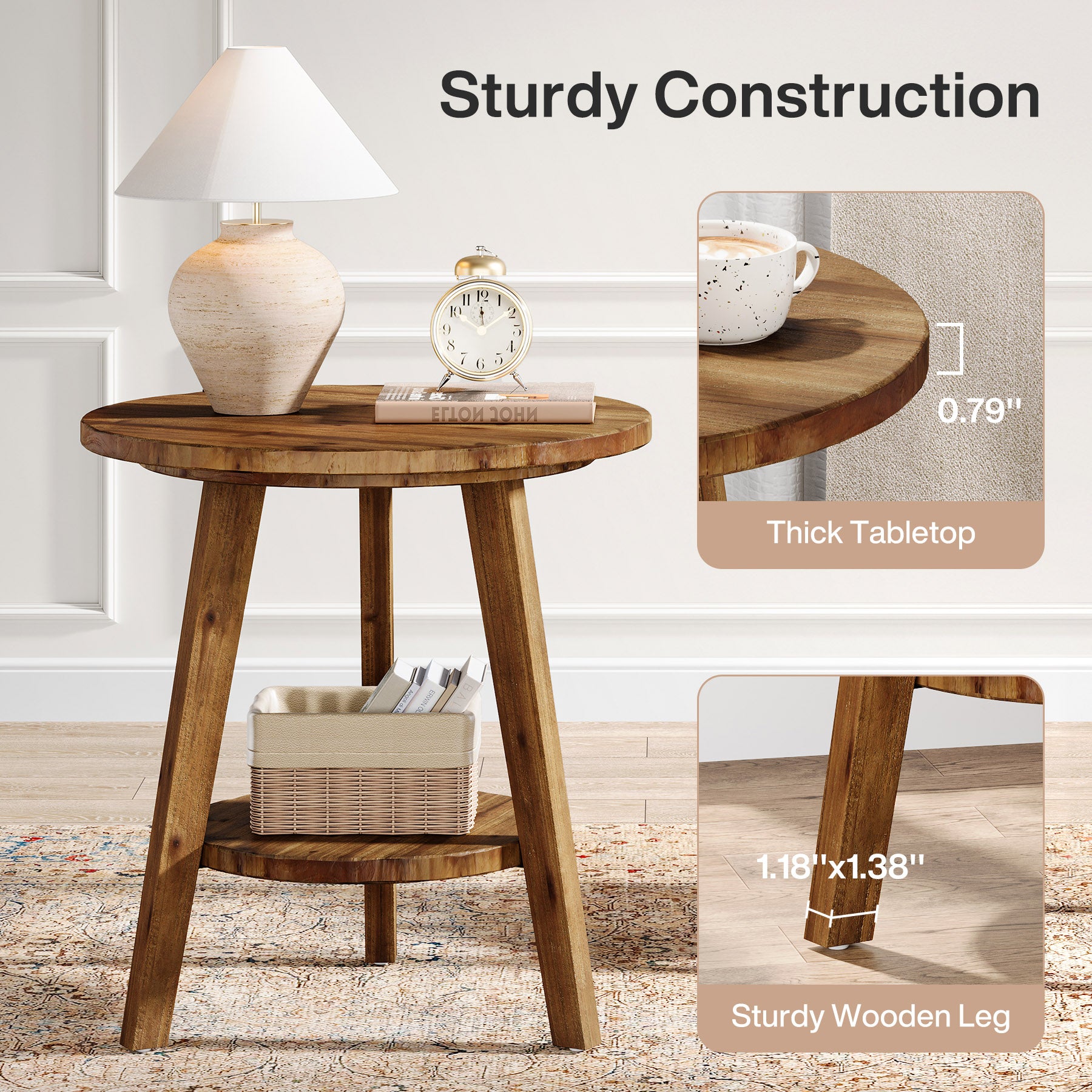Solid Wood Round End Table, Farmhouse Sofa Side Table with Storage Shelf Tribesigns