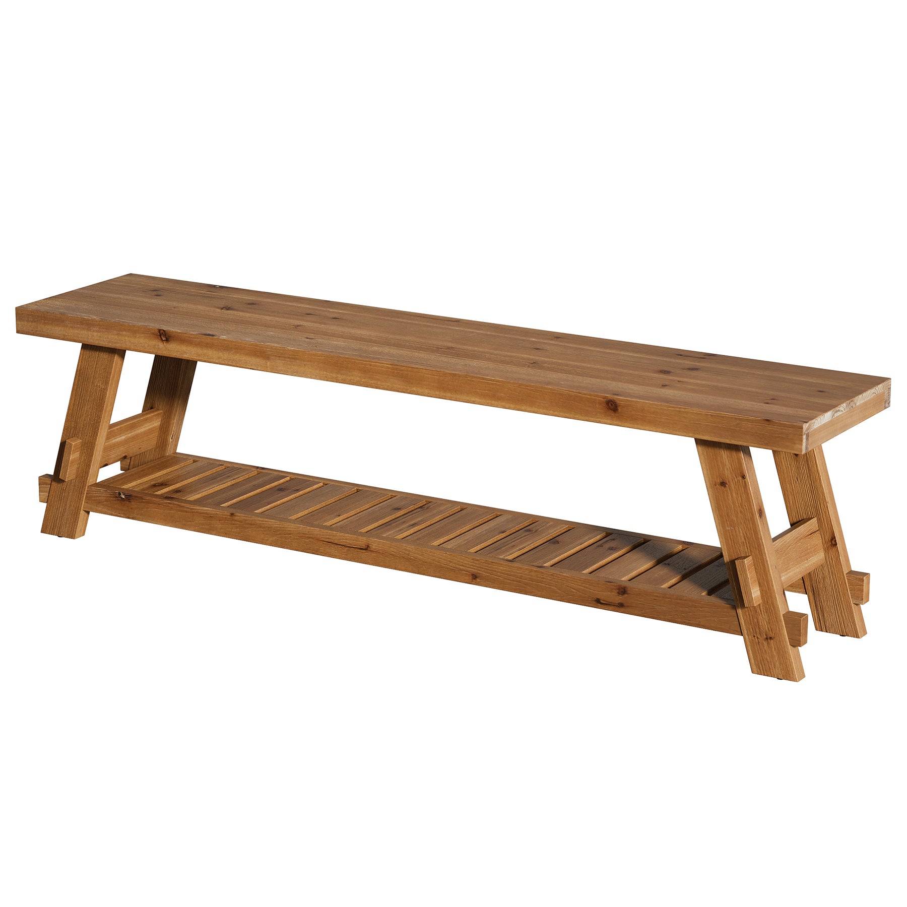 63" Solid Wood Shoe Bench, 2-Tier Entryway Bench with Storage Shelf