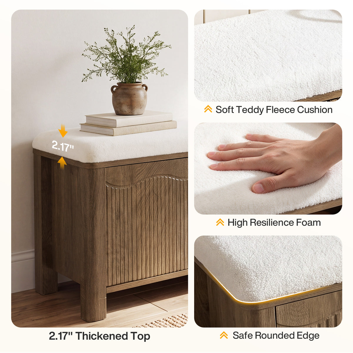 55.12" Upholstered Entryway Storage Bench, Farmhouse Shoe Bench with 4 Cabinet Doors