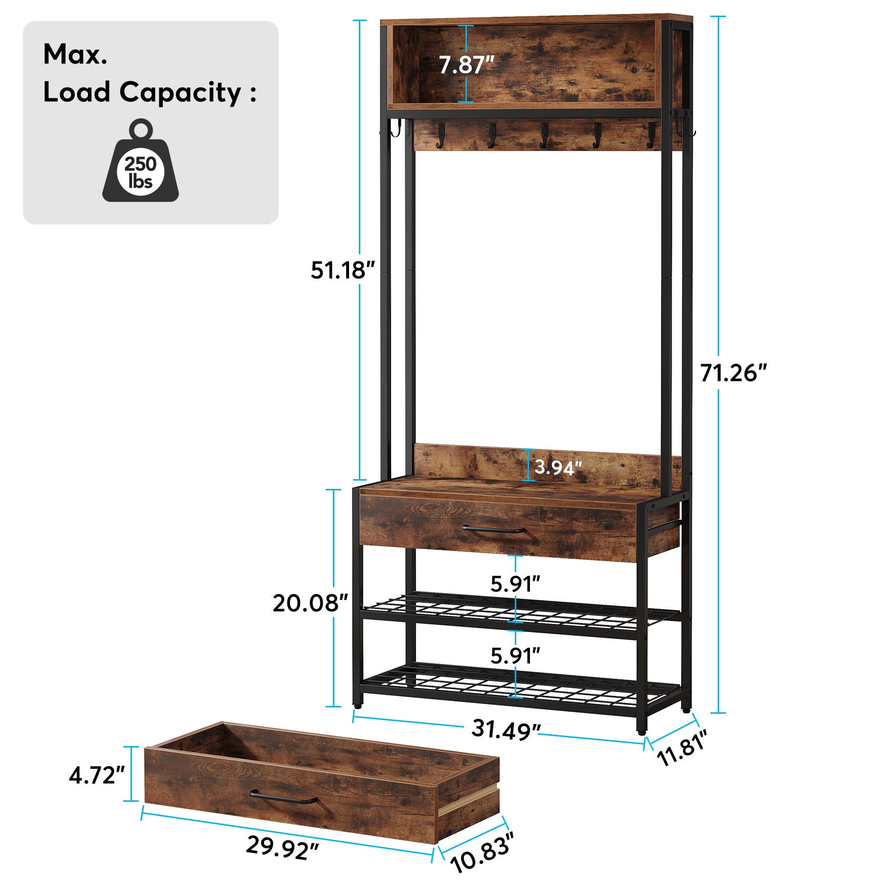 Industrial Coat Rack Shoe Bench, Entryway Hall Tree with Drawer & Hooks