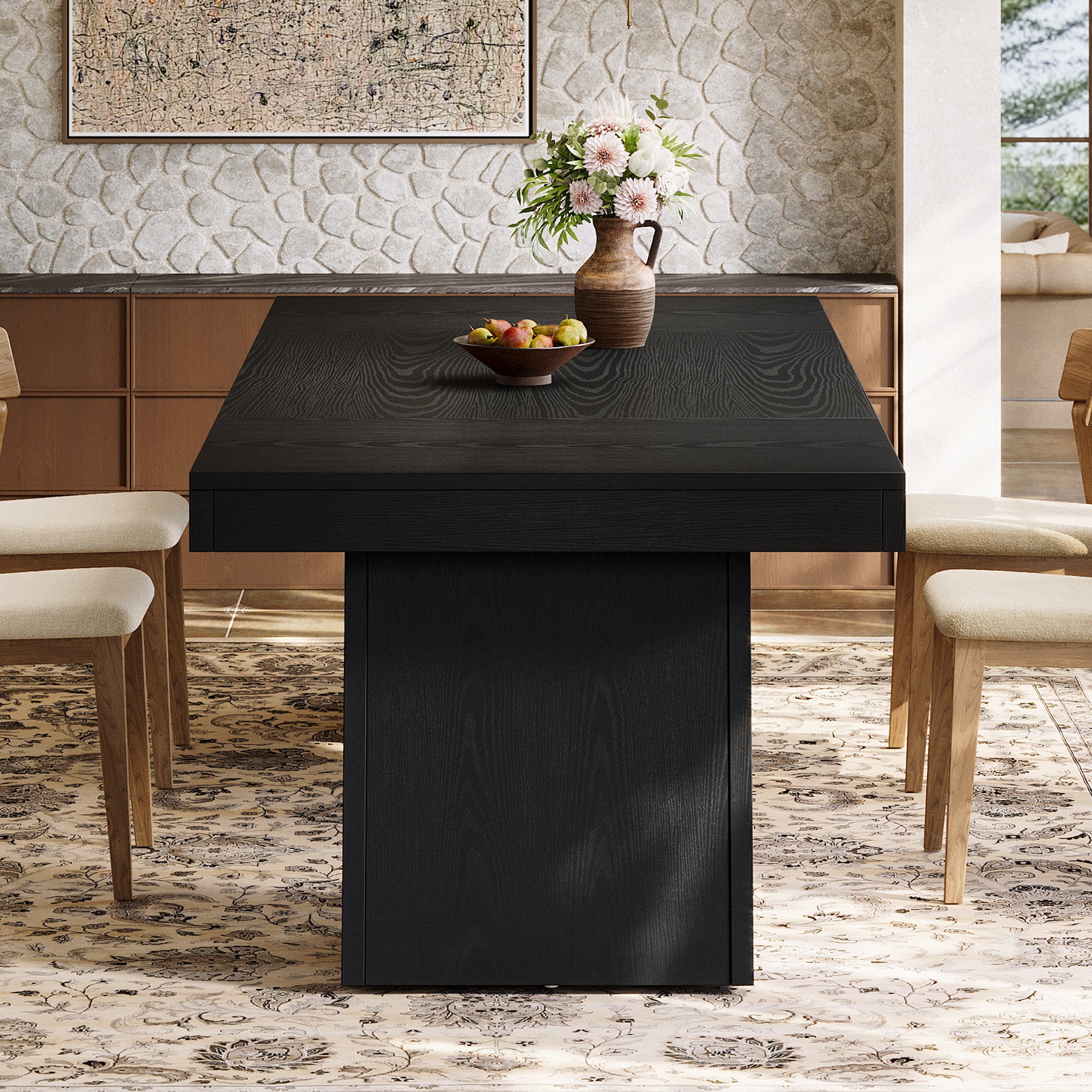 55 Inch Farmhouse Double Pedestal Dining Table, Rectangular Table for 4-6 in Small Spaces