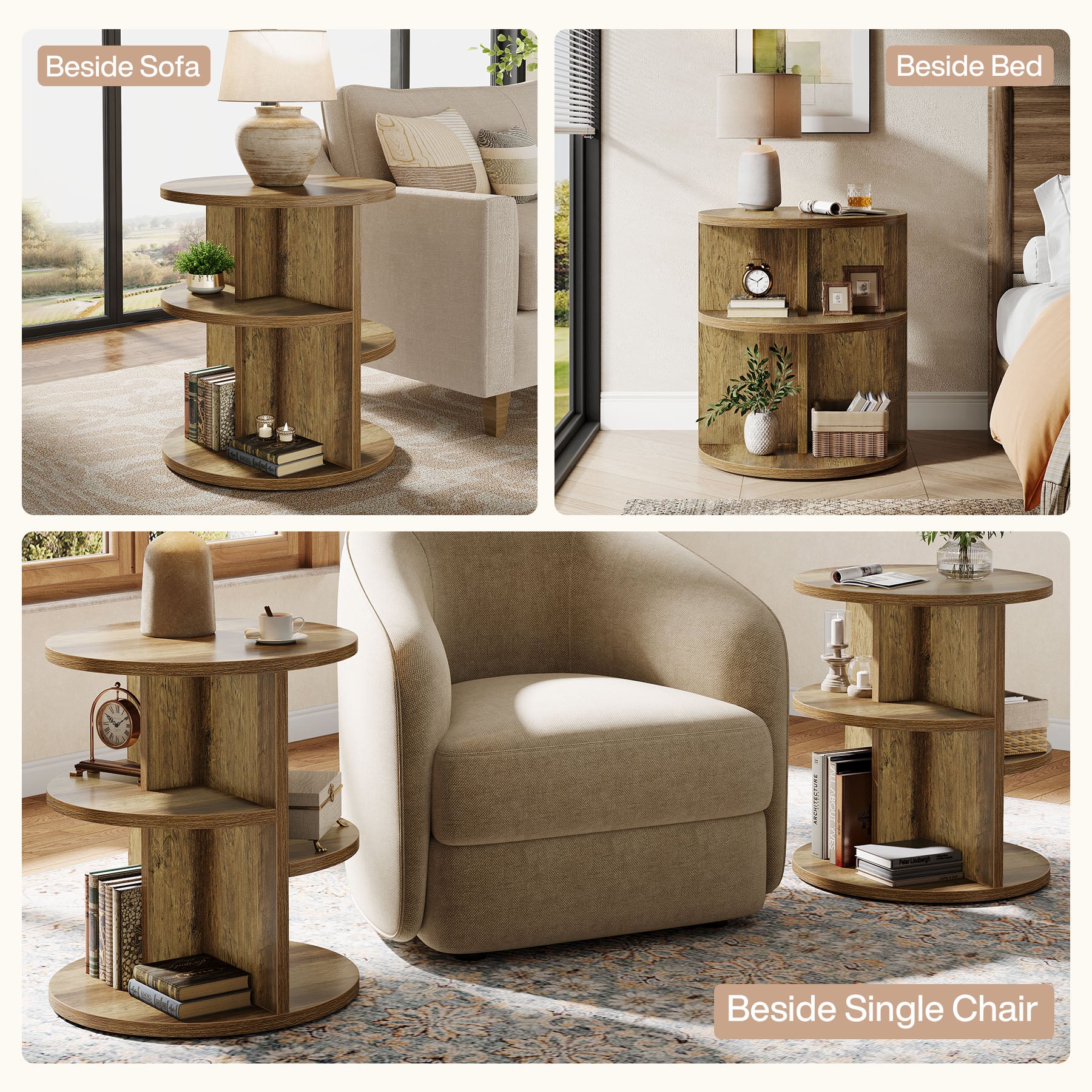 Round End Table, 23.6" Side Table with 3 - Tier Storage Shelf Tribesigns