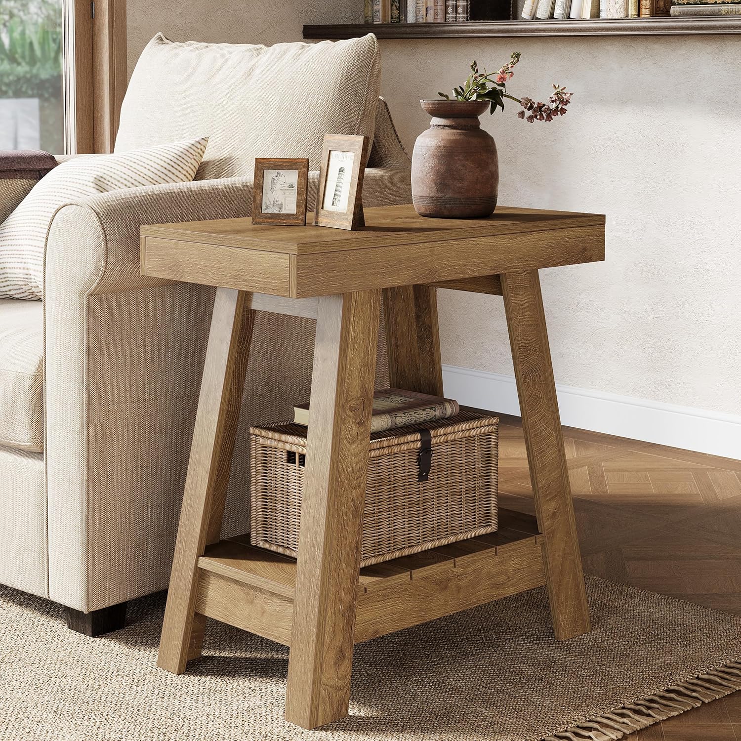 2-Tier End Table, Slim Sofa Side Table with Storage