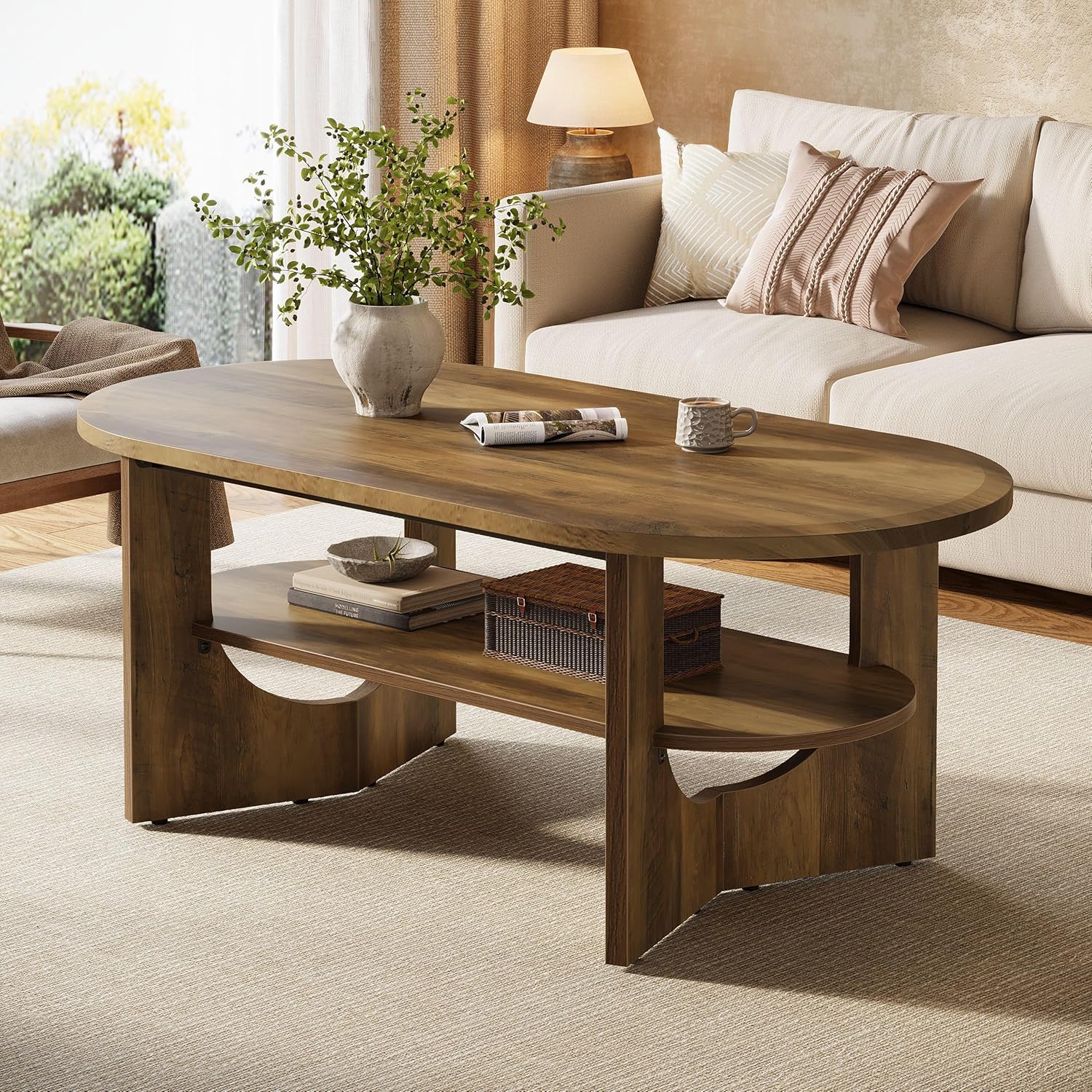 47.2" Coffee Table, Wooden Oval Center Table with 2 Tiers of Shelves