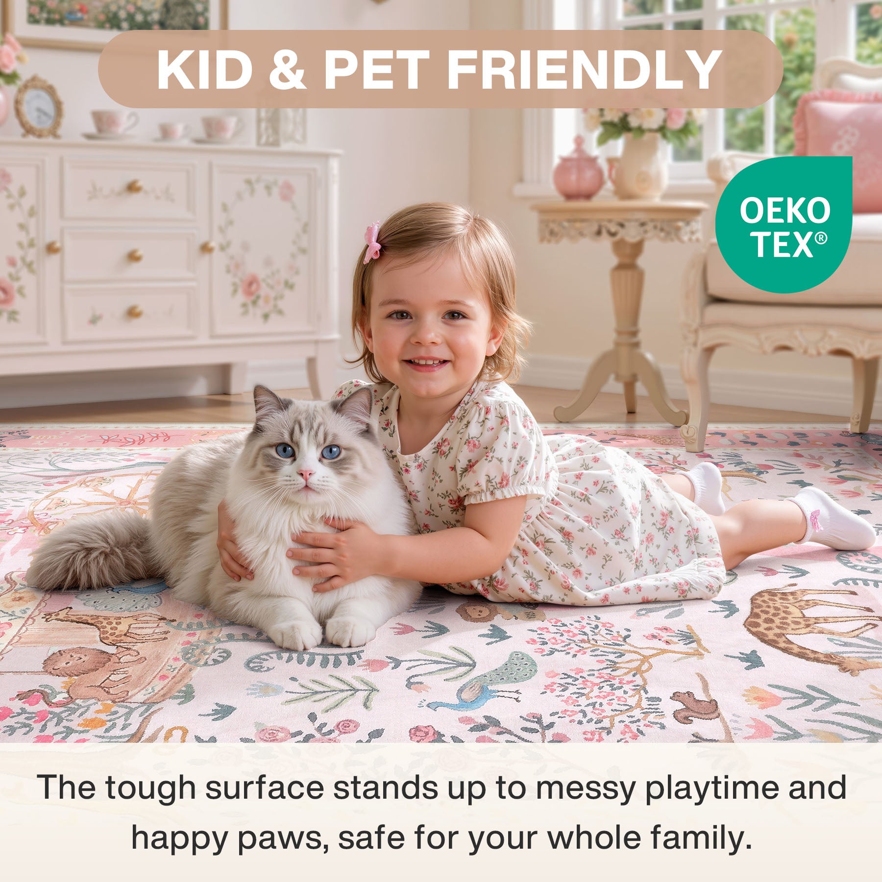 Animal Floral Rug, Soft Washable Area Rug with Non-Slip Backing for Living Room, Bedroom