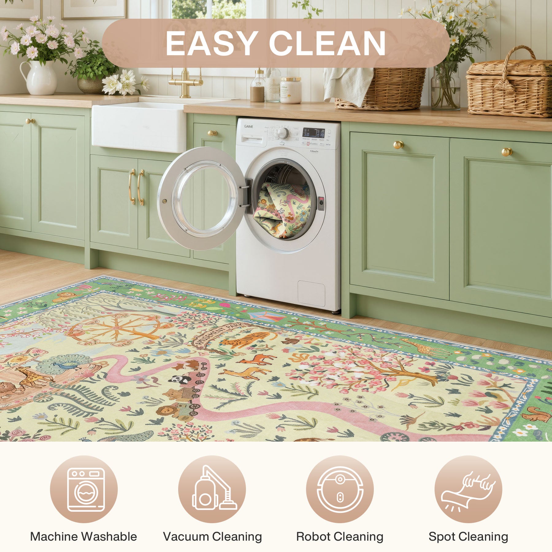 Animal Floral Rug, Soft Washable Area Rug with Non-Slip Backing for Living Room, Bedroom