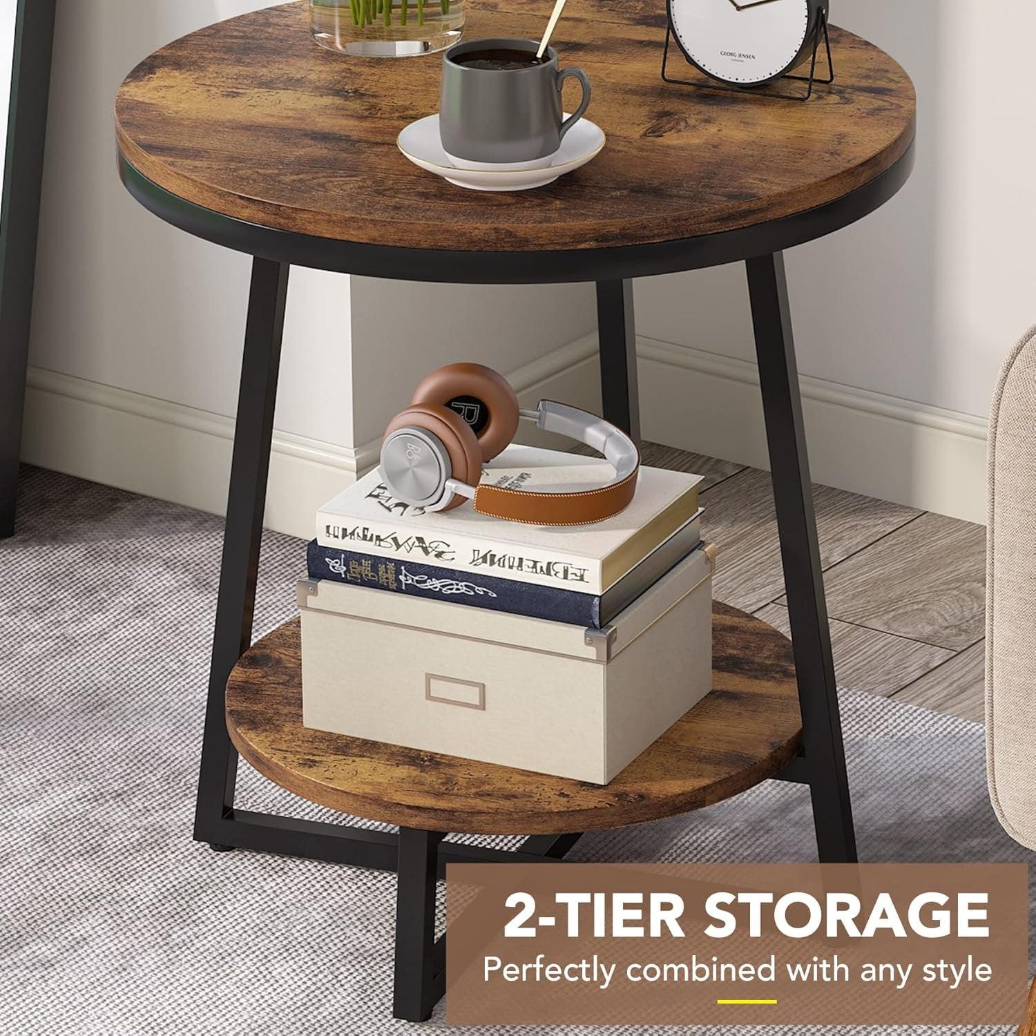 2-Tier End Table, Round Accent Bedside Table with Storage Shelf