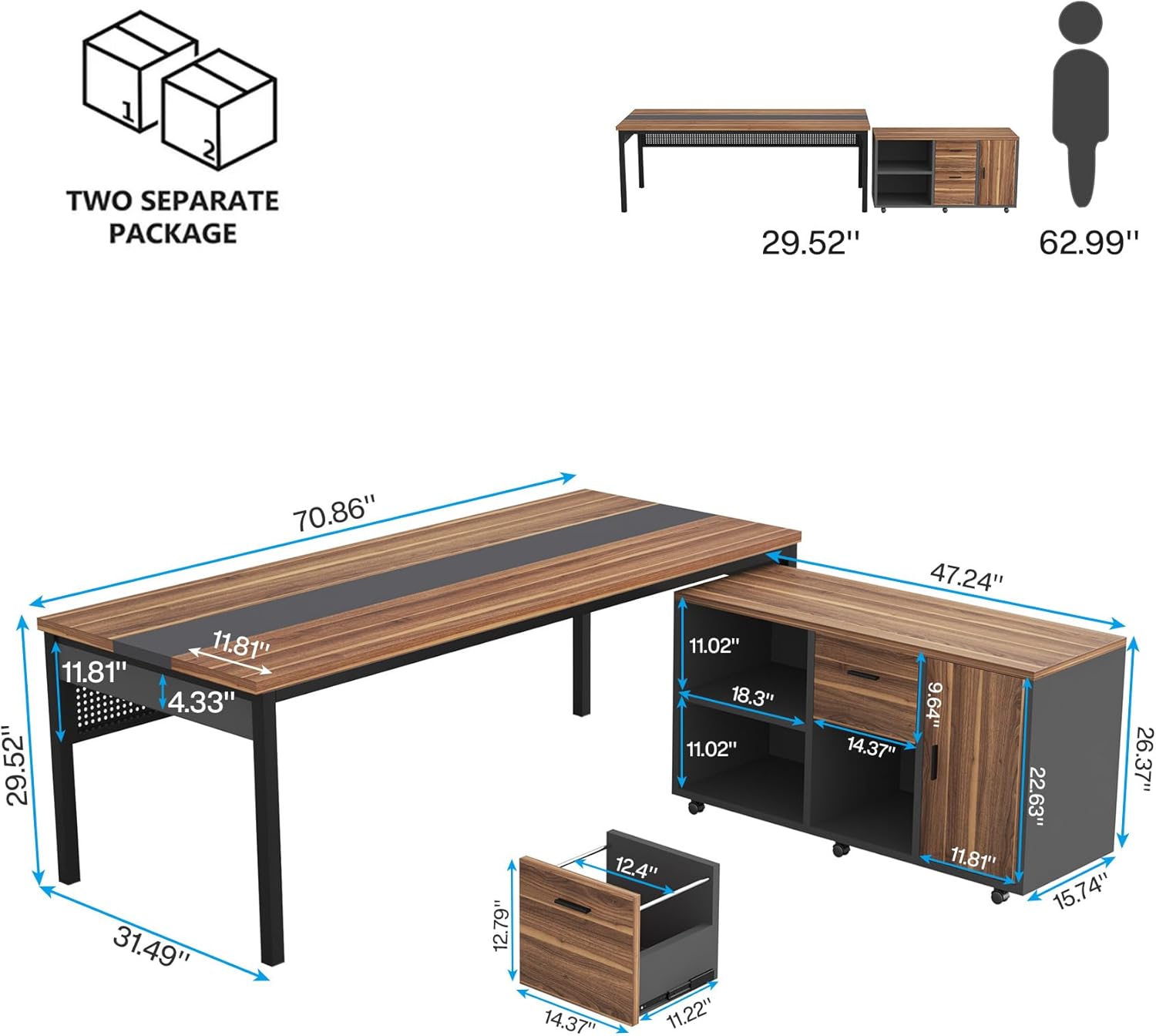 Industrial L-Shaped Desk, 71" Executive Desk with 47" Mobile File Cabinet