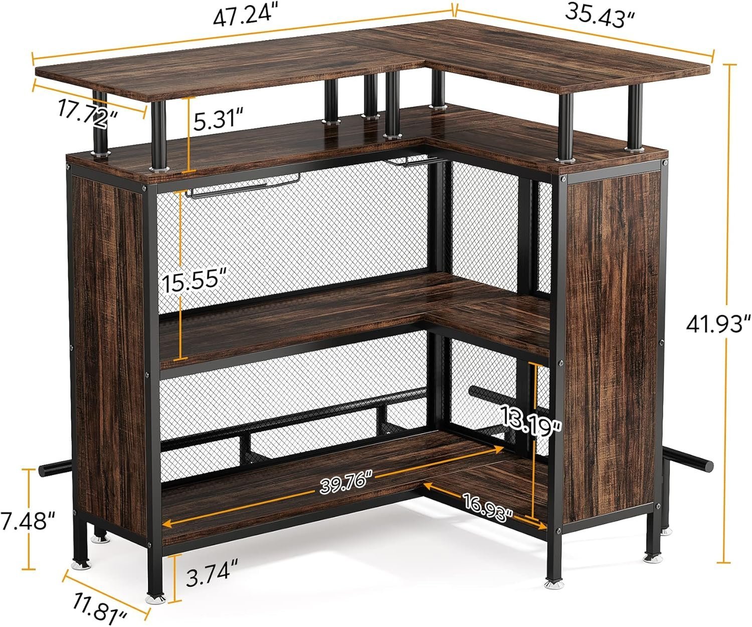 L-Shaped Home Bar Unit, Liquor Bar Table with Glasses Holders & Shelves