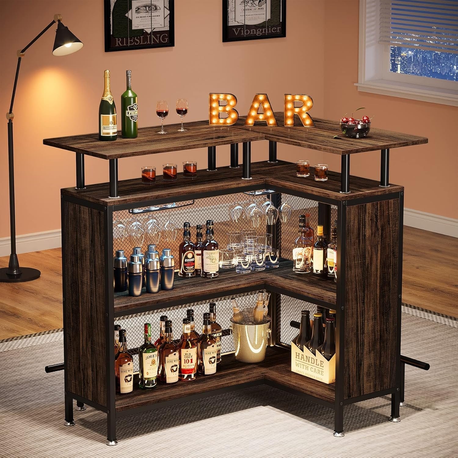 L-Shaped Home Bar Unit, Liquor Bar Table with Glasses Holders & Shelves