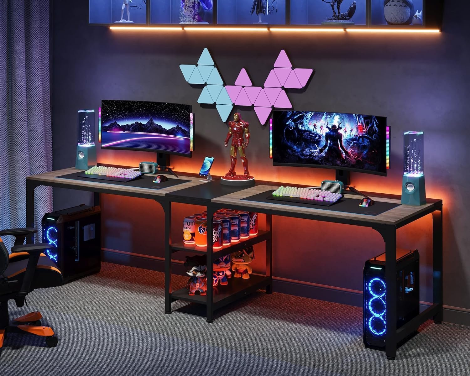 90.55" Two Person Desk, Double Computer Desk with Storage Shelves