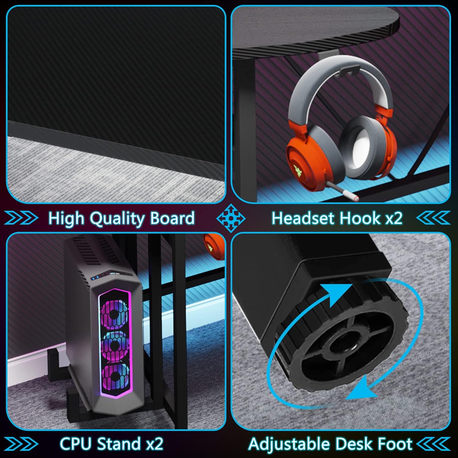 75" Gaming Desk, Black Computer Desk with LED Strip & Monitor Shelf