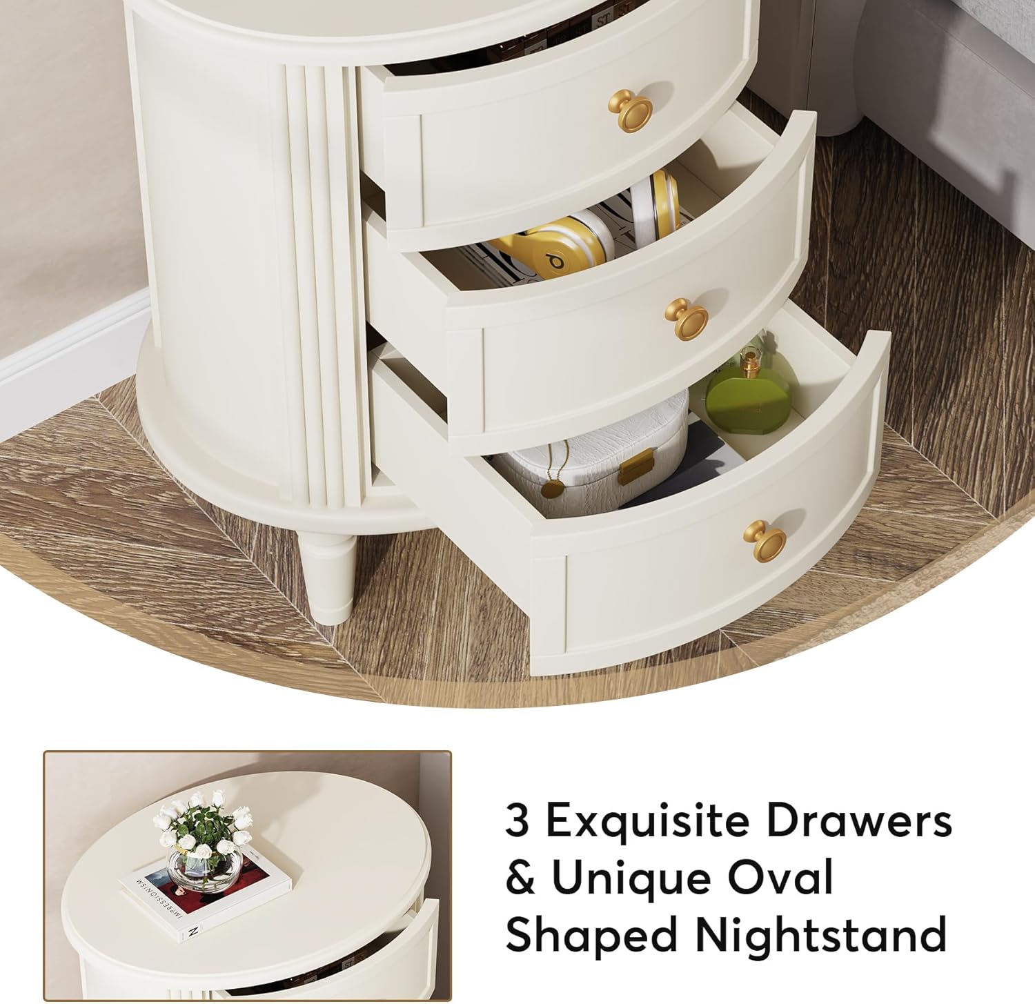 Wood Nightstand Bedside Table with 3 Drawers & Solid Wood Legs