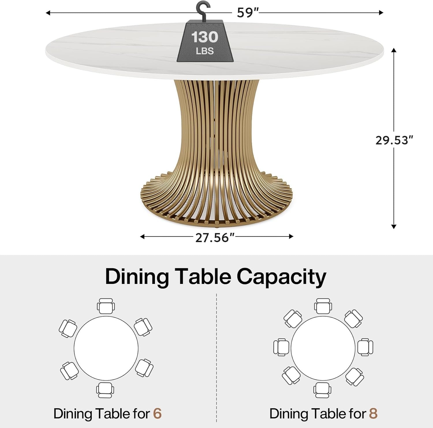 59" Sintered Stone Round Dining Table with Gold Stainless Steel Pedestal