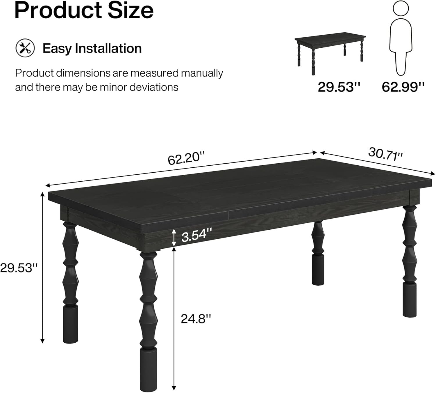 Rectangle Dining Table, 62” Kitchen Table with Carved Turned Legs for 4-6 People