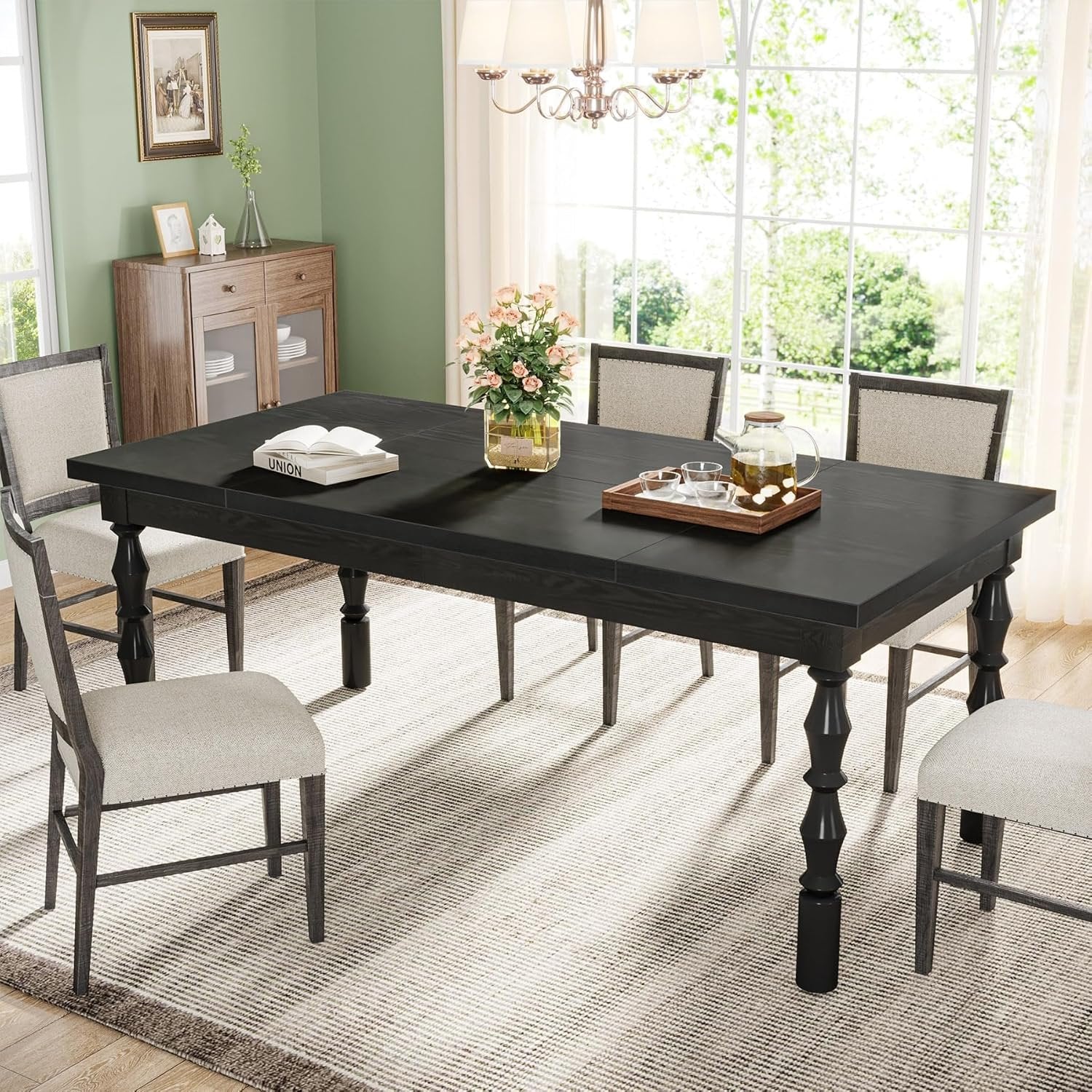 Rectangle Dining Table, 62” Kitchen Table with Carved Turned Legs for 4-6 People
