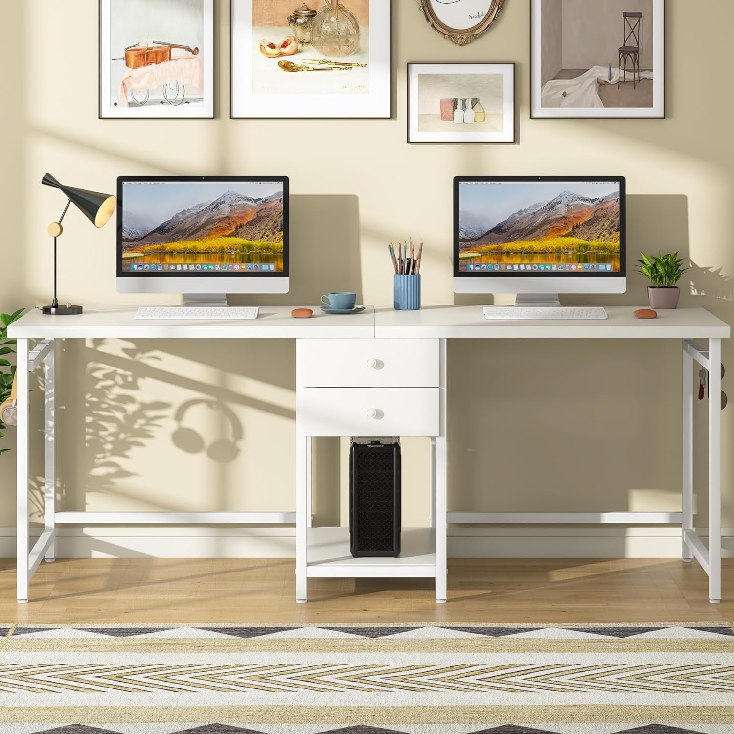 Industrial Two Person Desk, 78" Double Computer Desk with Drawers