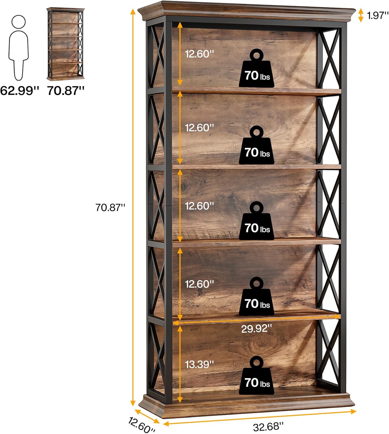 6 - Tier Bookshelf, 70.87" Etagere Metal and Wooden Bookcase for Home Office Tribesigns