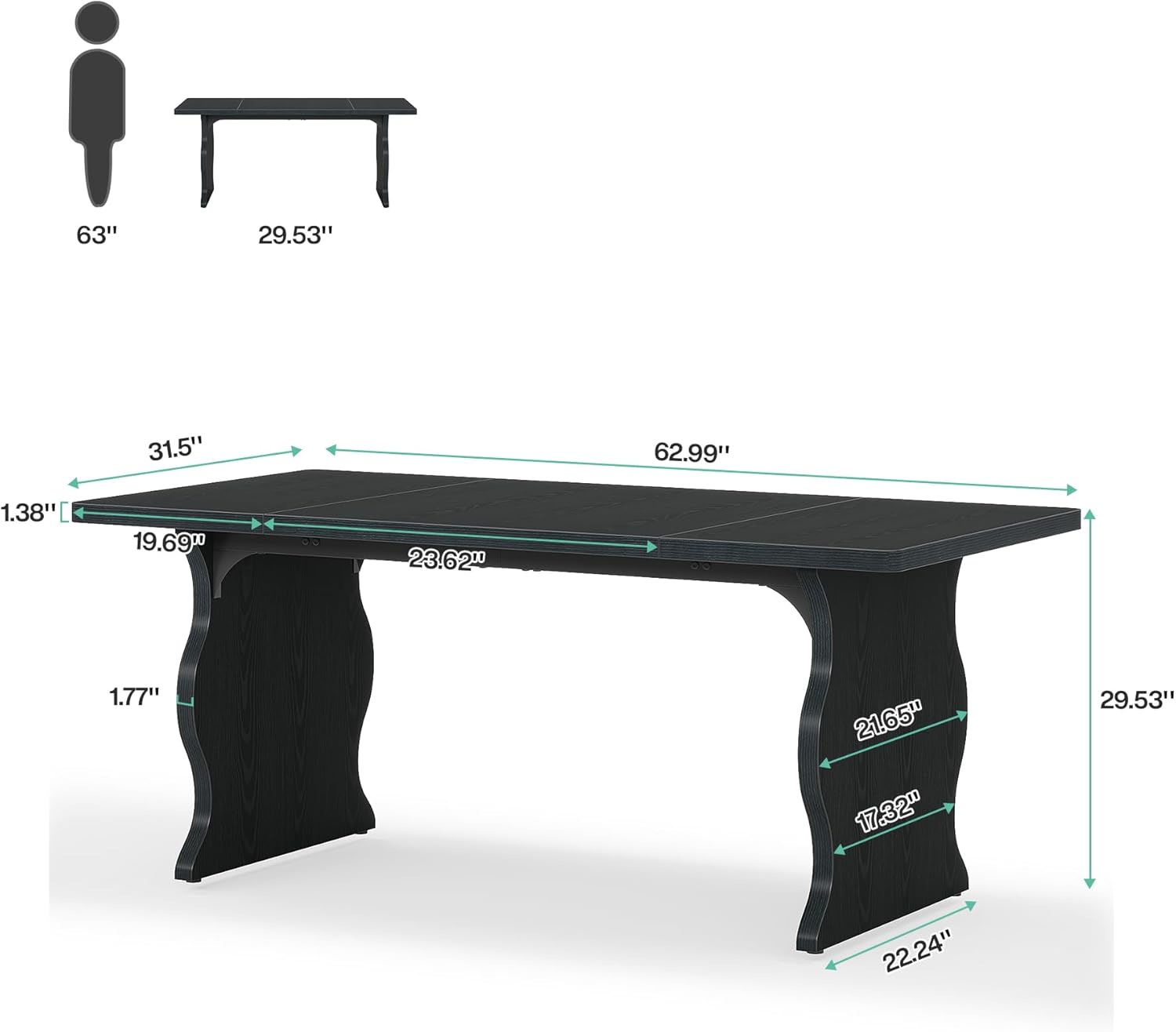 63" Dining Table, Modern Rectangular Kitchen Table for 4-6