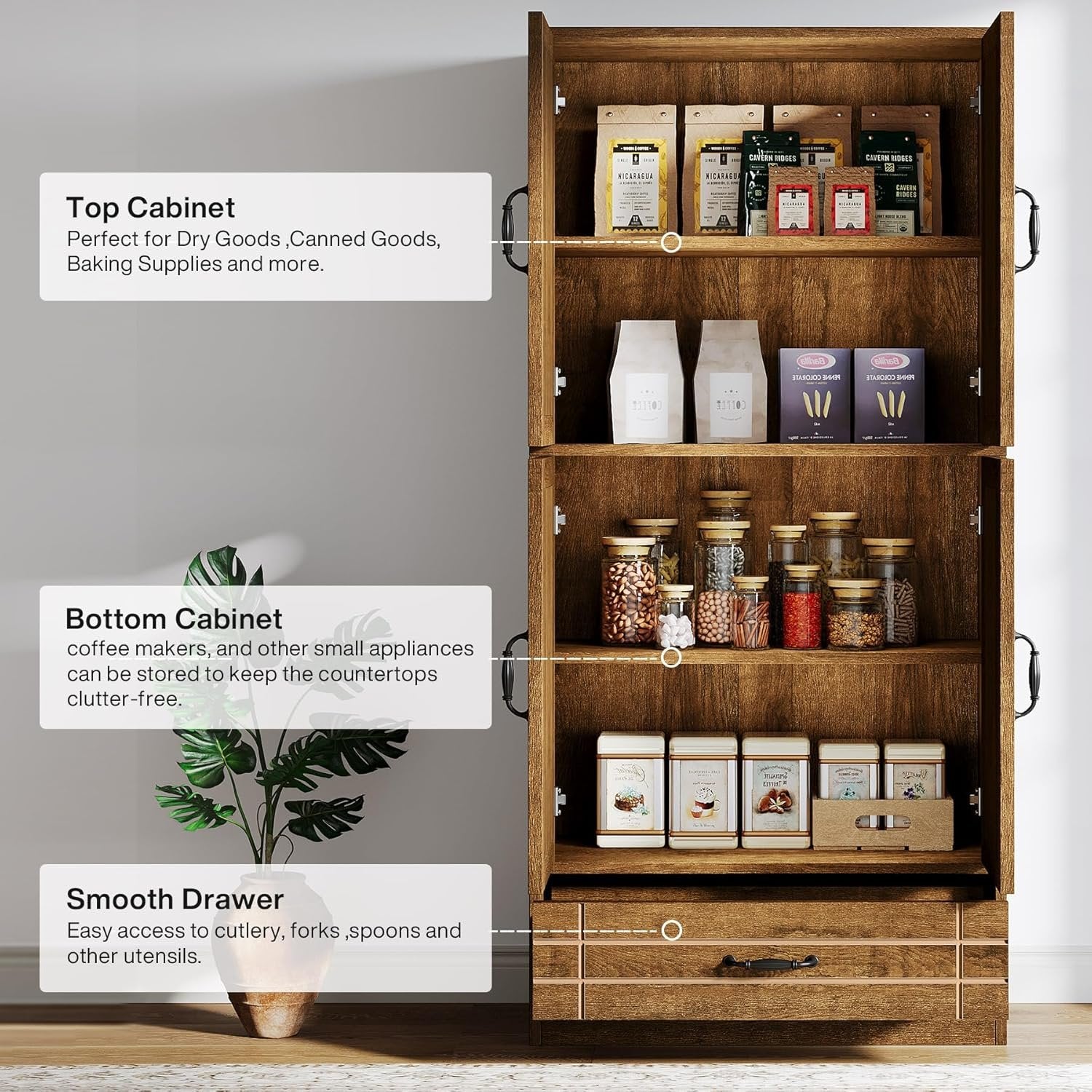 70" Bakers' Rack, Rustic Kitchen Pantry Cabinet with Doors and Drawer