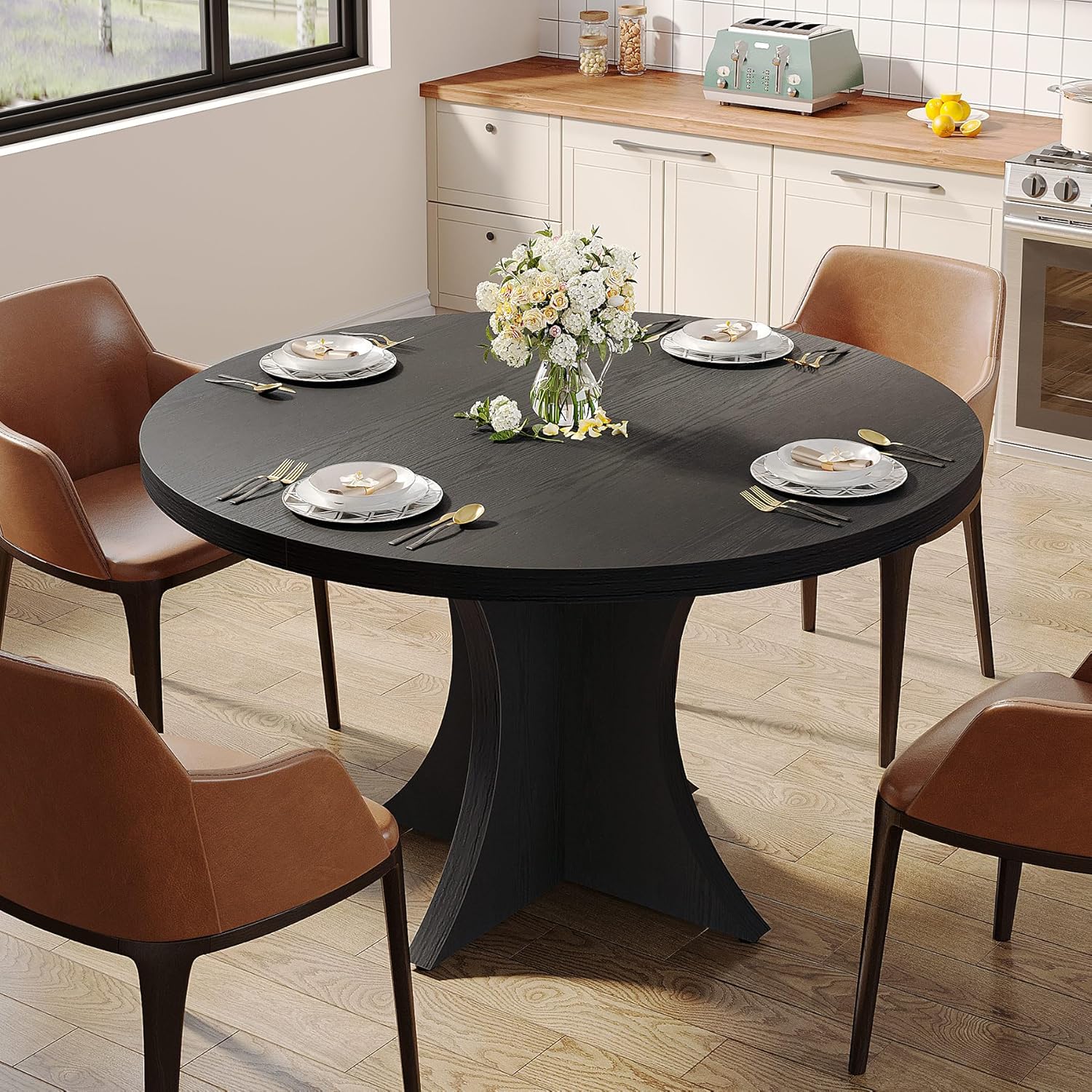 Round Dining Table, 47.24" Kitchen Table with Pedestal Base for 4-6