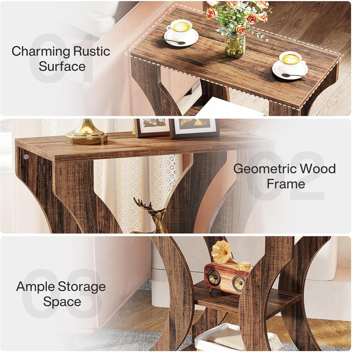 24" End Table, 3-Tier Farmhouse Side Table with Storage Shelves