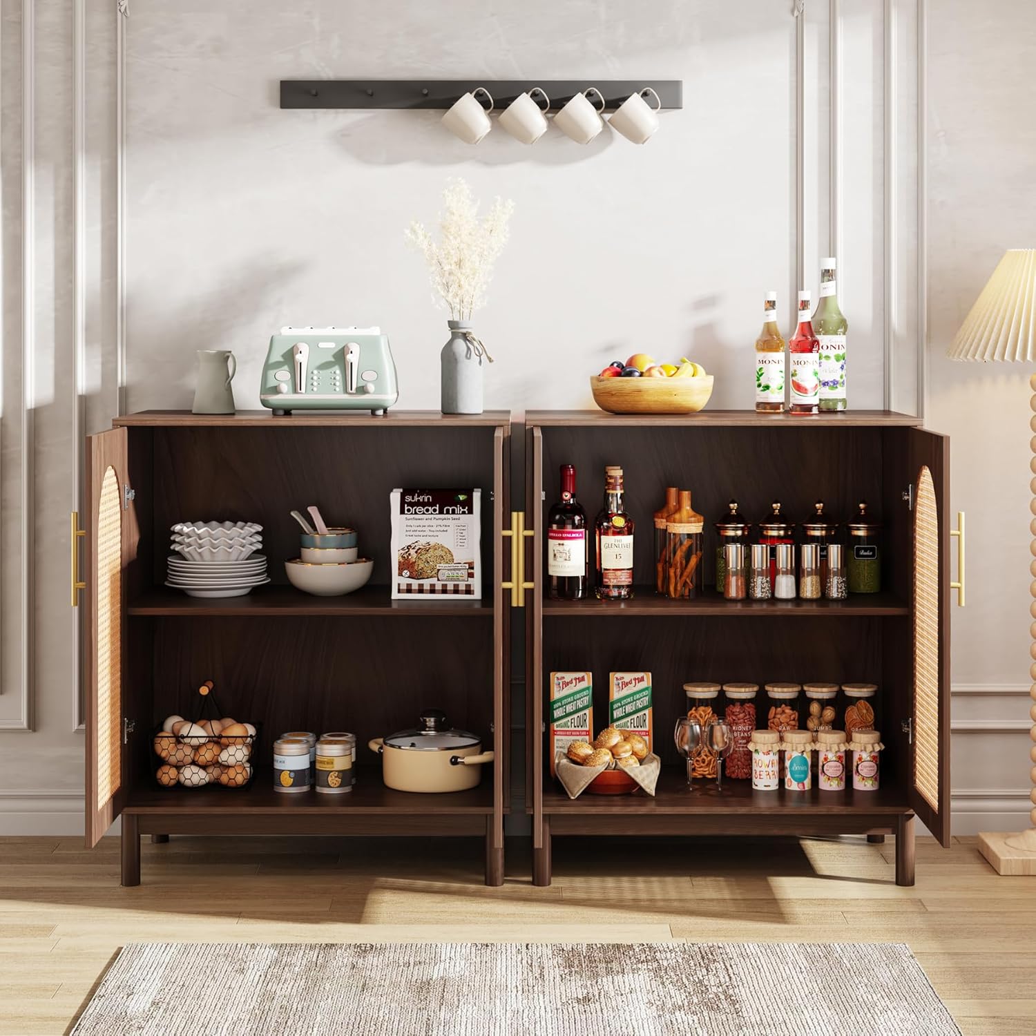 Sideboard Buffet Set of 2, Accent Rattan Storage Cabinet with Doors