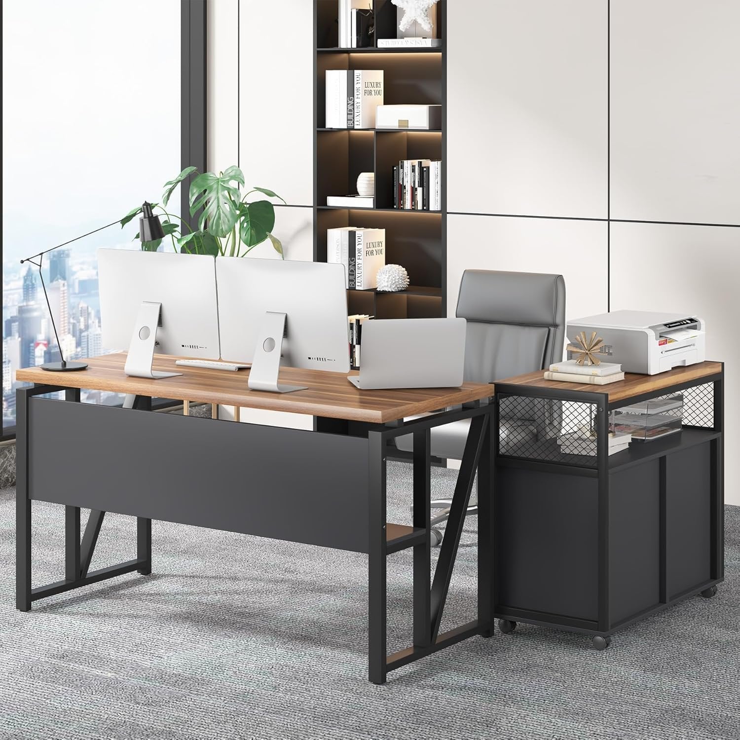 55" / 63" L-Shaped Executive Desk with Storage Shelves and Mobile File Cabinet(2 Drawers and 1 Storage Compartment)
