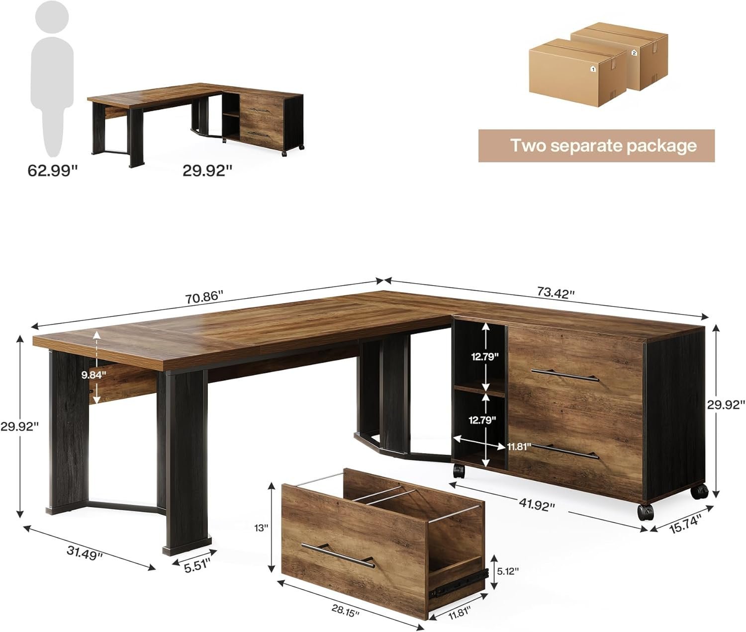 70.8" Executive Desk, L-Shaped Home Office Desk with File Cabinet