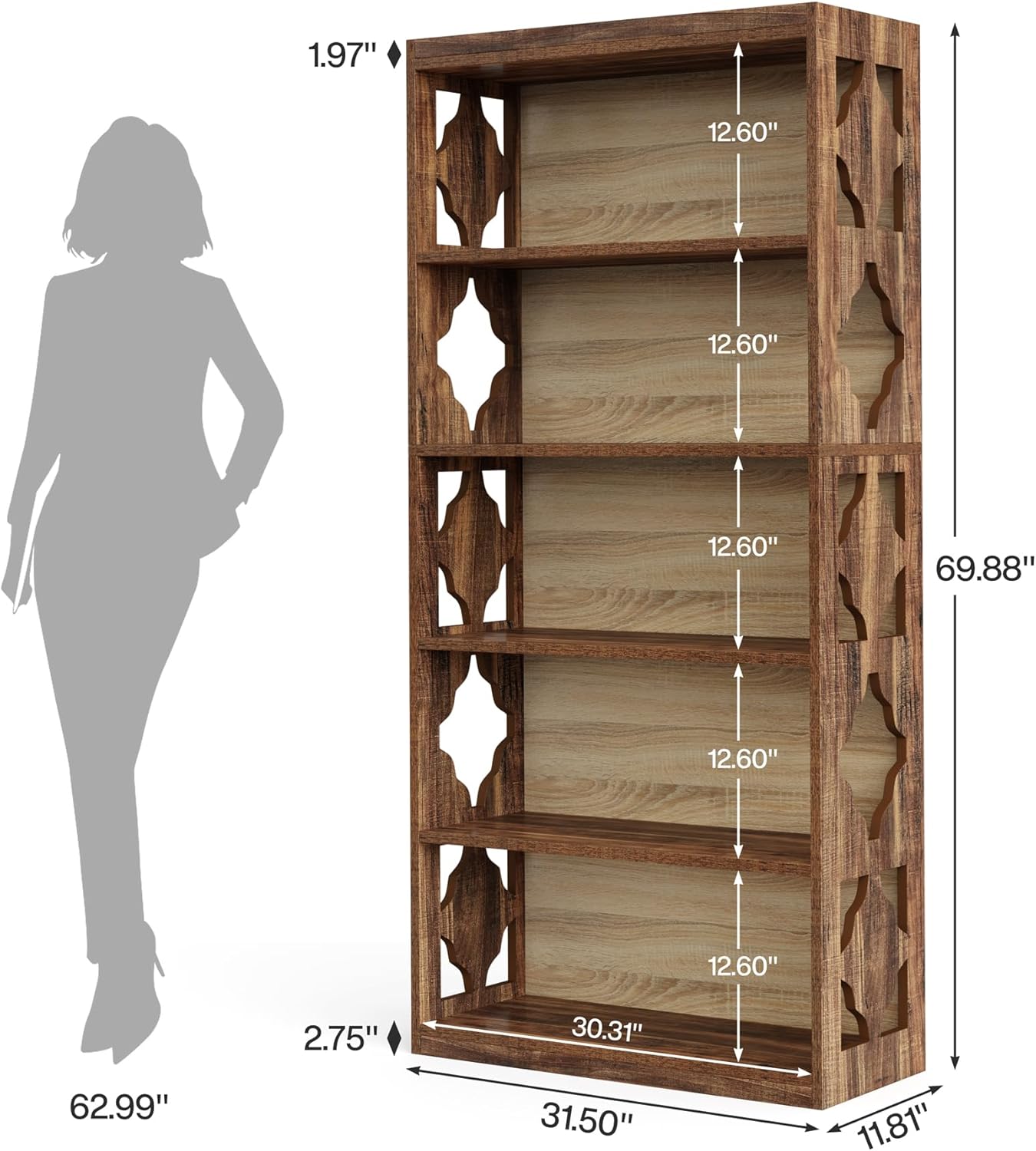 6-Tier Bookshelf, 70-Inch Wood Bookcase with Storage Shelves