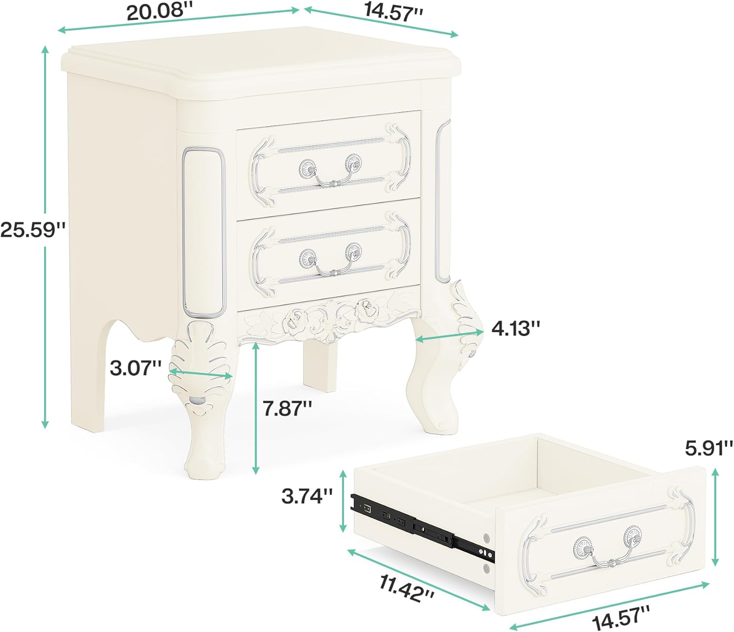 Carved Nightstand, Bedside Table End Table with 2 Drawers