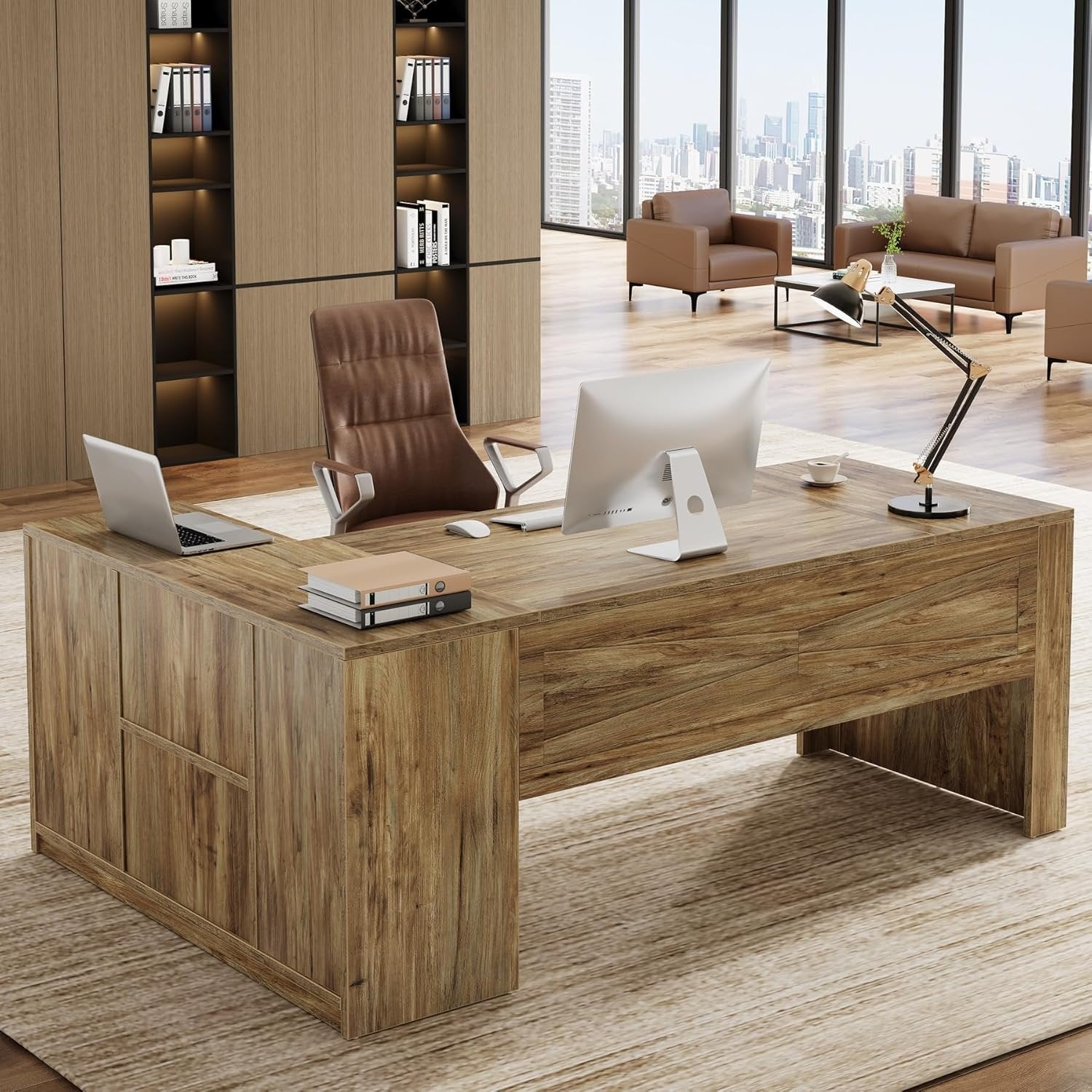 70.8" Executive Desk, L-Shaped Computer Table with Storage Cabinet