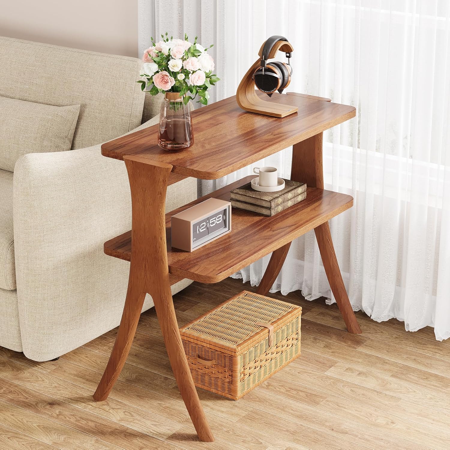Wood End Table, Farmhouse Side Table with 2-Tier Storage Shelf