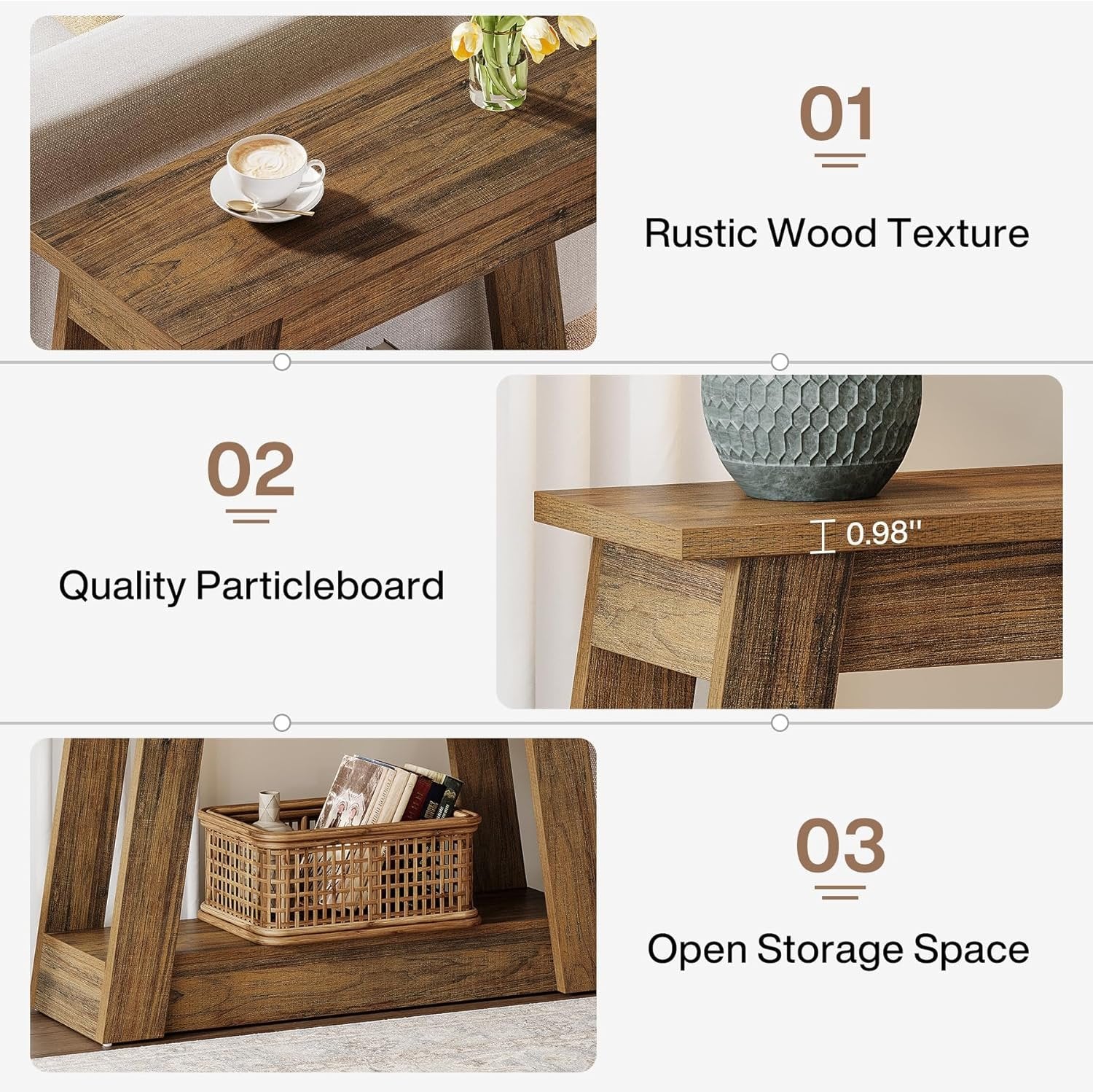 Wood End Table, Small Side Table With 2 Storage Shelves