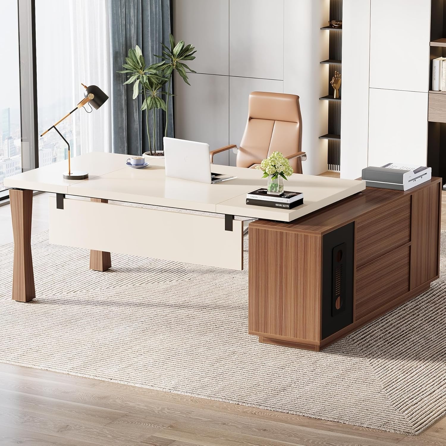 Large L-Shaped Desk, 71-Inch Executive Desk Computer Table with Cabinet