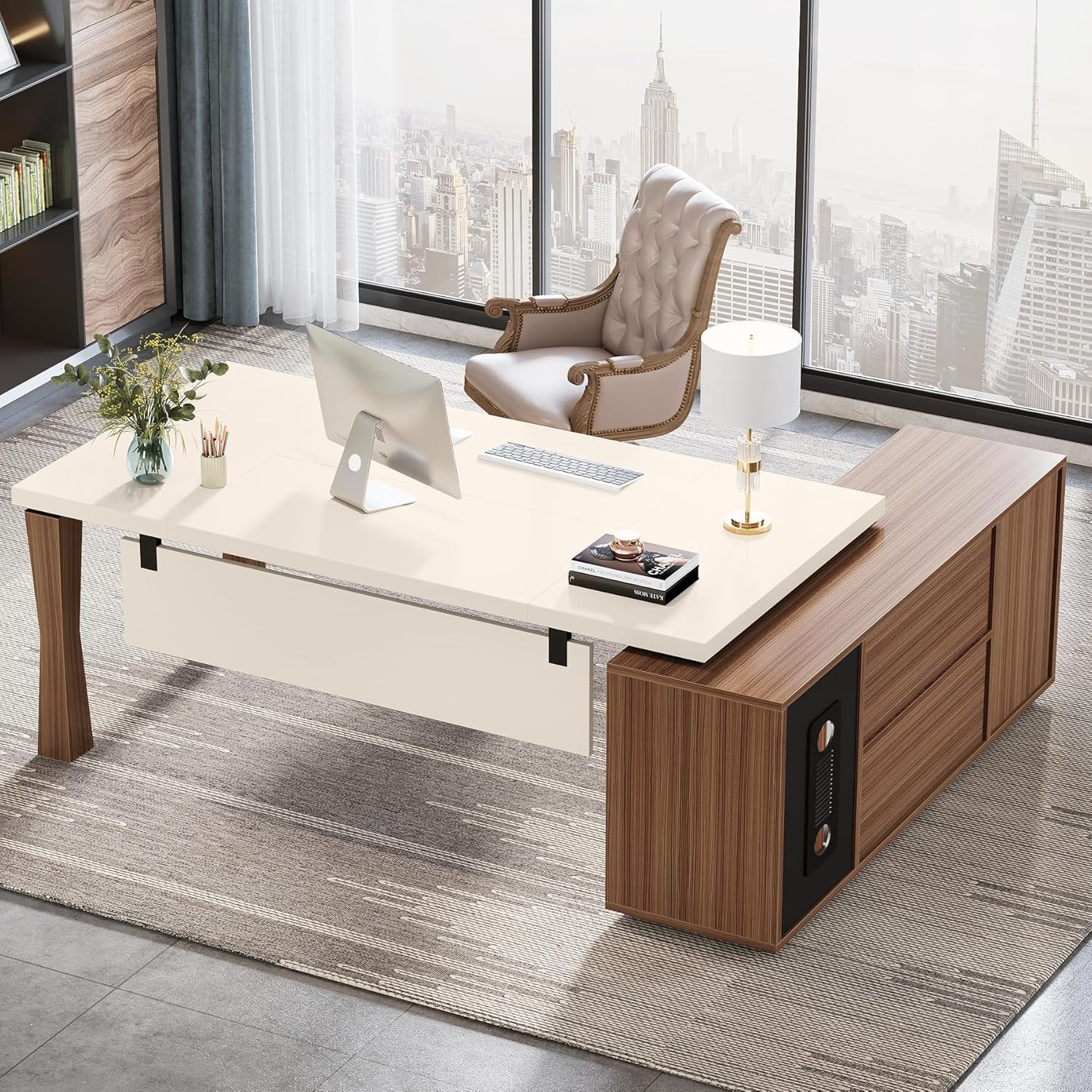 Large L-Shaped Desk, 71-Inch Executive Desk Computer Table with Cabinet