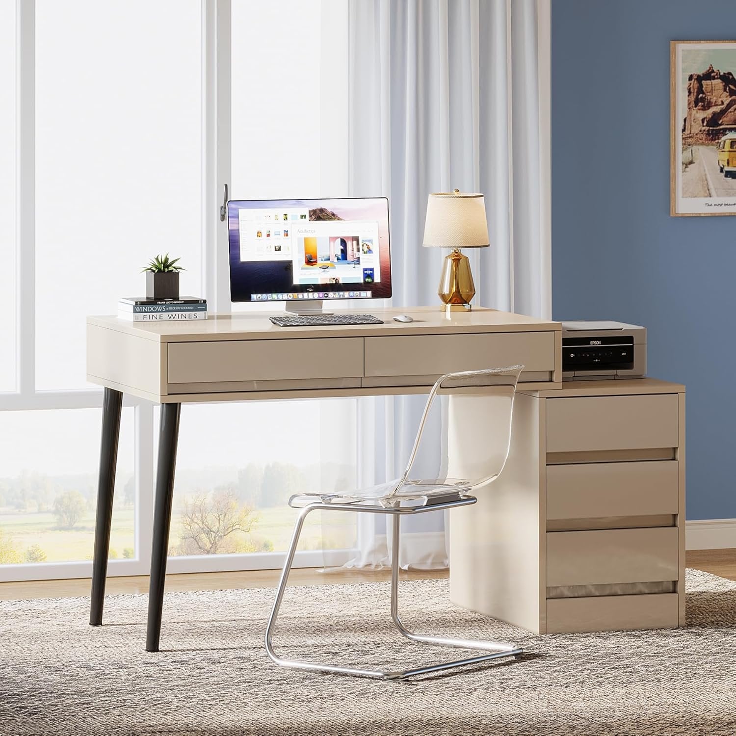 Modern Computer Desk Home Office Desk with 5 Storage Drawers