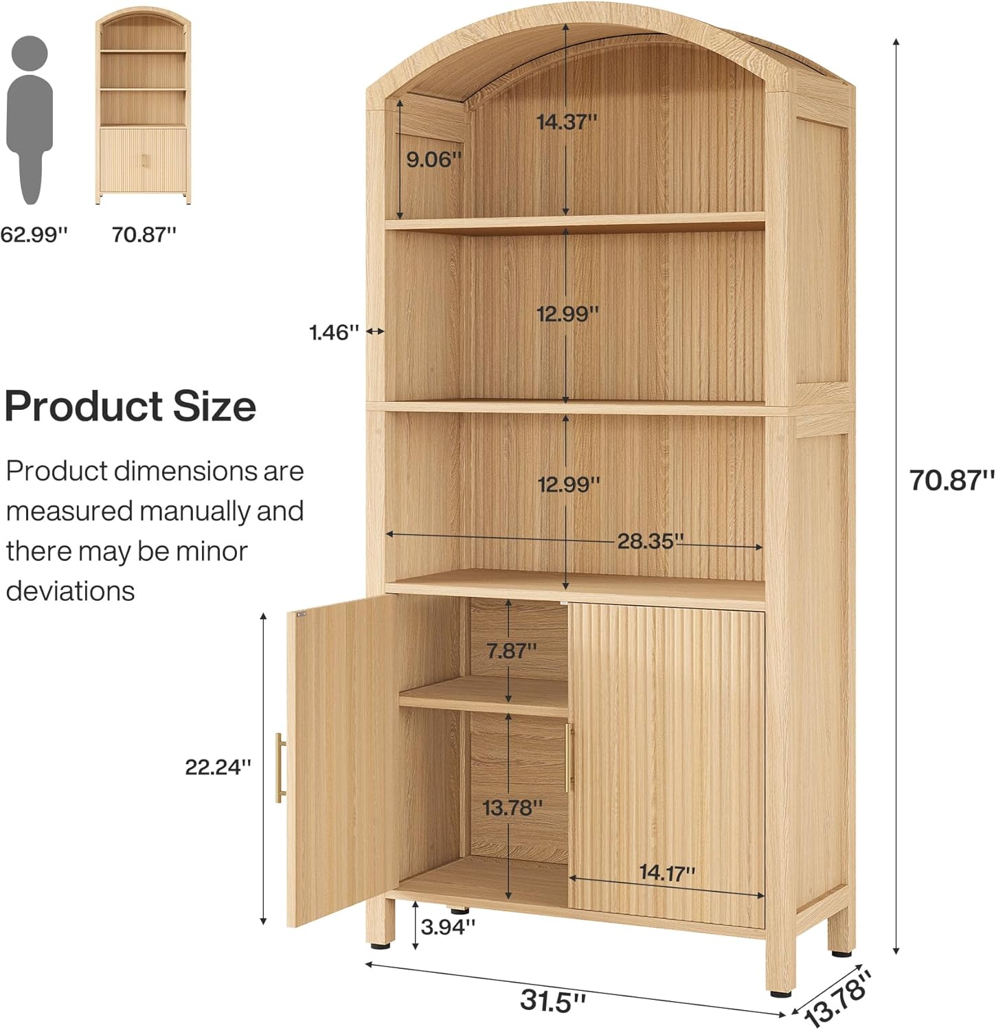 71" Arched Bookshelf, Fluted Modern 5-Tier Bookcase Cabinet with Doors