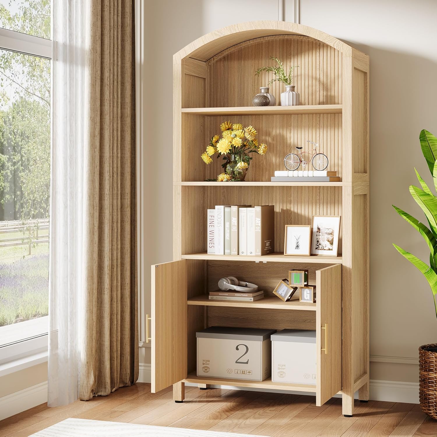71" Arched Bookshelf, Fluted Modern 5-Tier Bookcase Cabinet with Doors