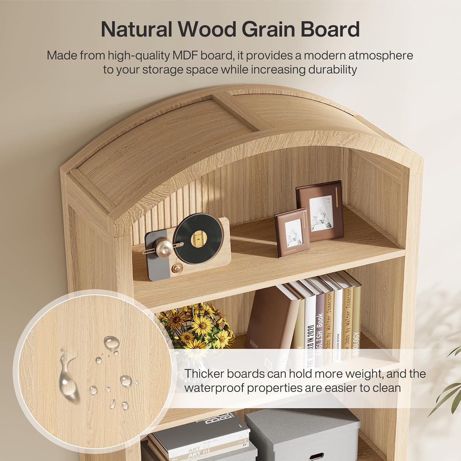 71" Arched Bookshelf, Fluted Modern 5-Tier Bookcase Cabinet with Doors