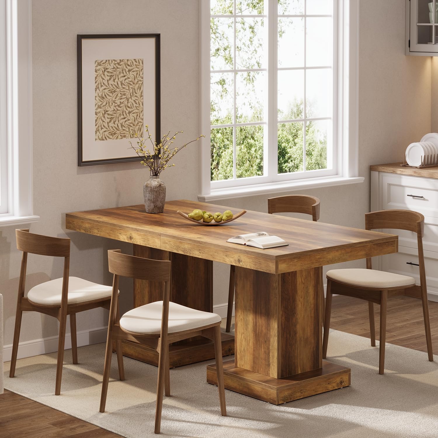 31.5" Square Dining Table, Farmhouse Kitchen Table with Heavy Duty Pedestal Base for 4 Tribesigns