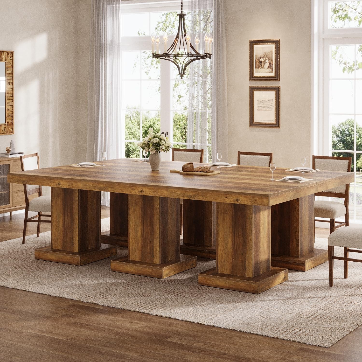 31.5" Square Dining Table, Farmhouse Kitchen Table with Heavy Duty Pedestal Base for 4 Tribesigns