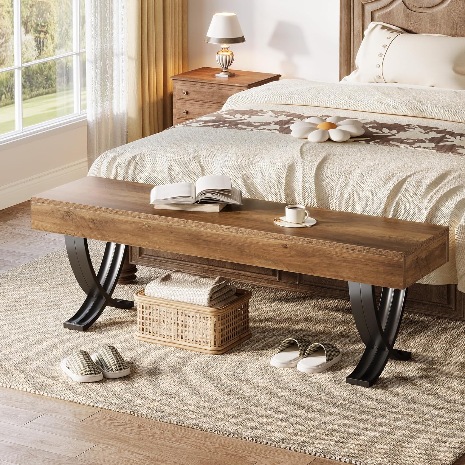 55" Entryway Shoe Bench, Industrial End of Bed Stool with Metal X-Shaped Legs